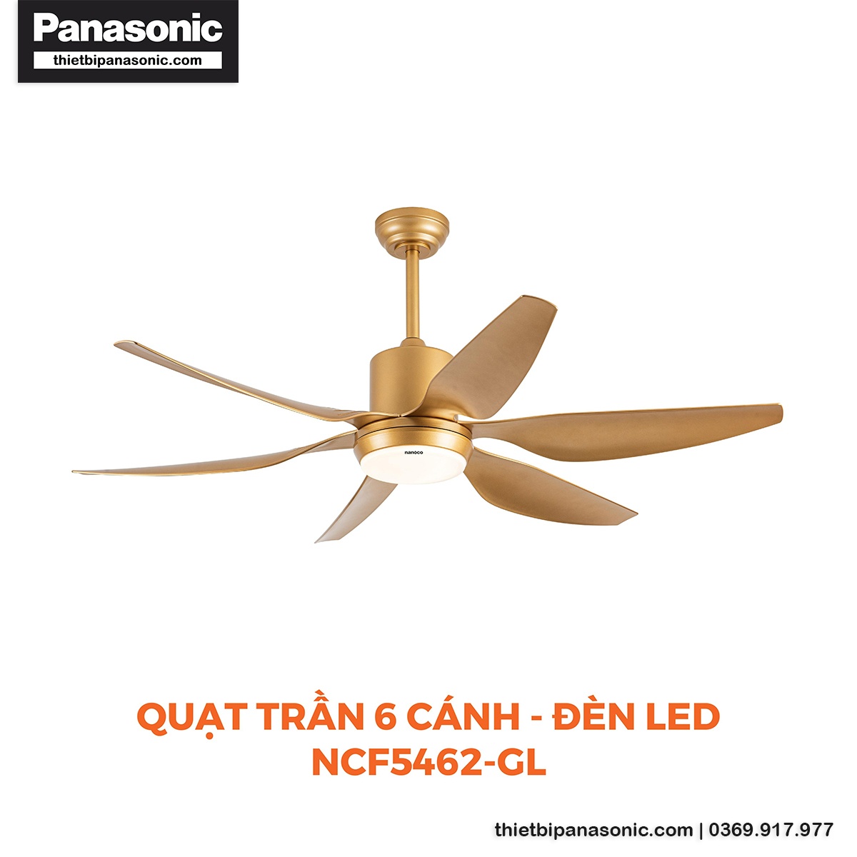 Quạt trần Nanoco NCF5462-GL 6 cánh có đèn LED màu vàng đồng