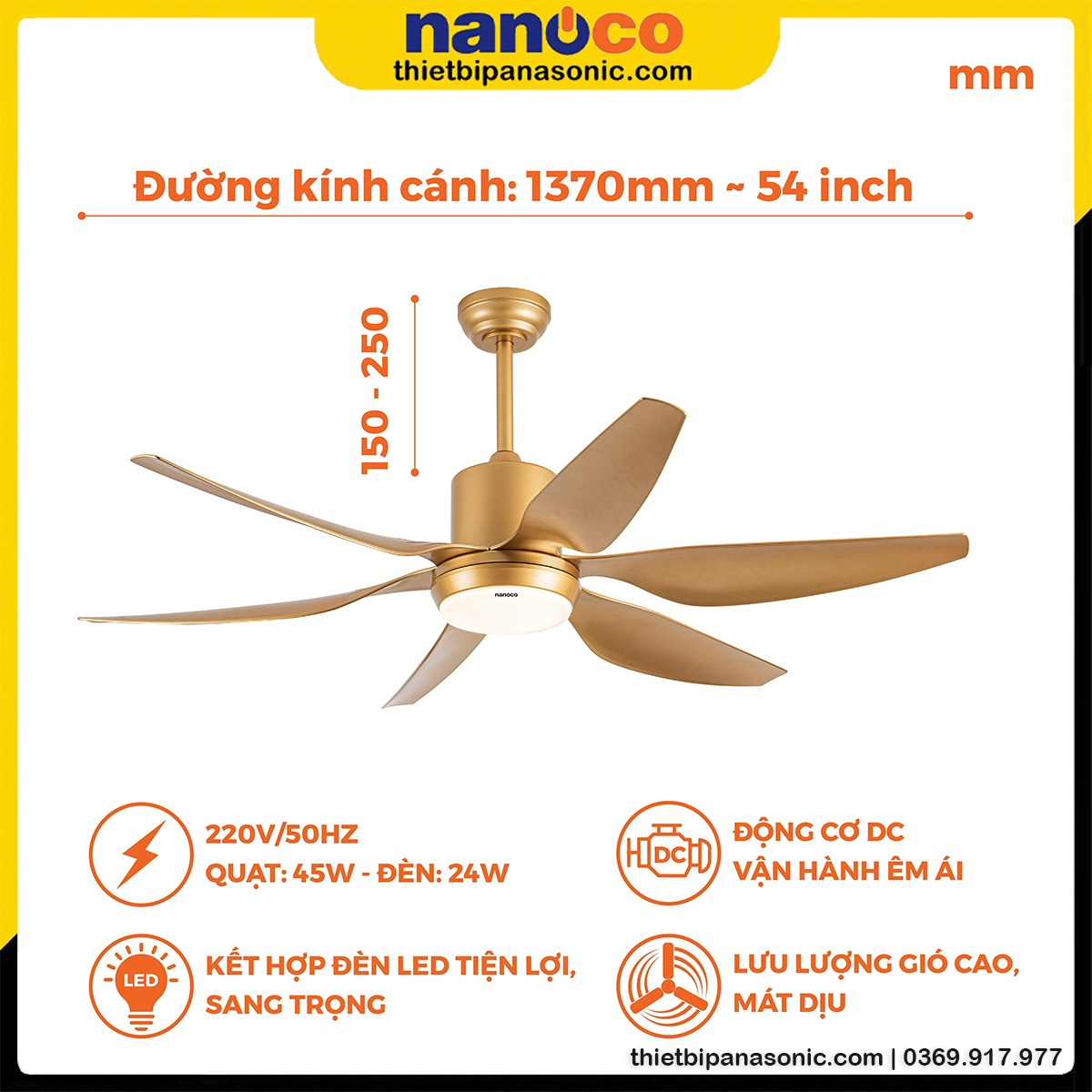 Kích thước và đặc điểm nổi bật của Quạt trần Nanoco NCF5462-GL