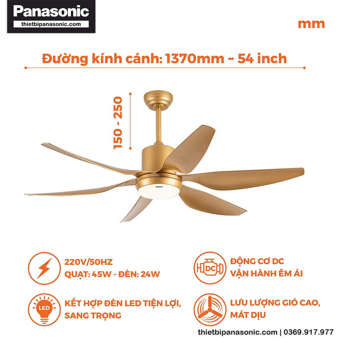 Kích thước và đặc điểm nổi bật của Quạt trần Nanoco NCF5462-GL