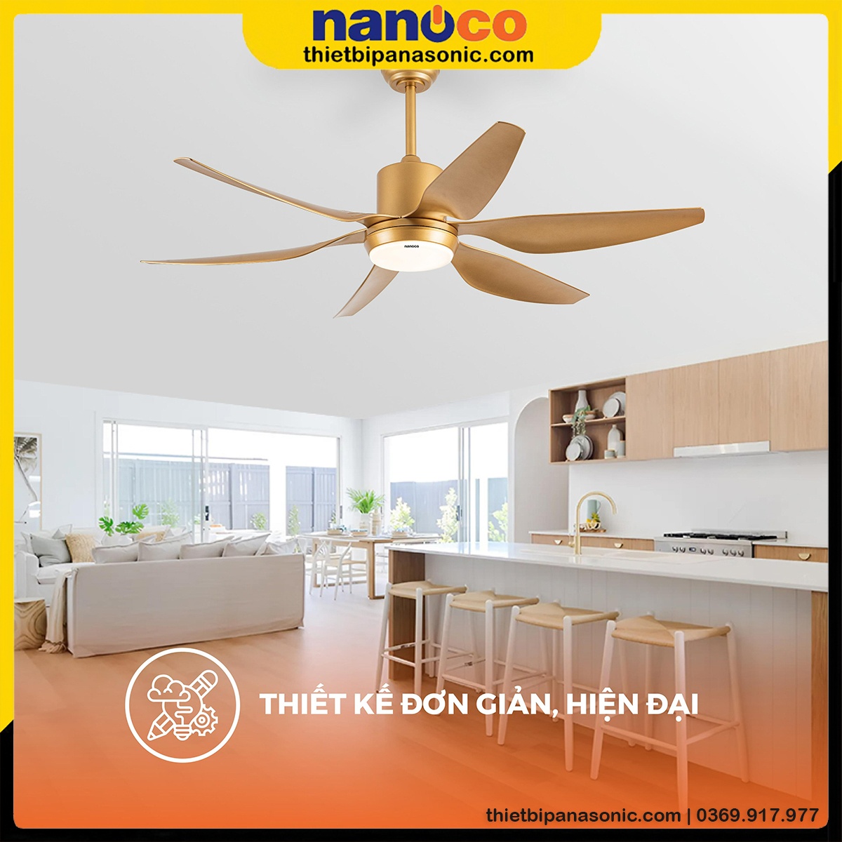 Quạt trần Nanoco NCF5462-GL có màu vàng đồng bắt mắt, vừa sang trọng và cao cấp nâng tầm không gian sống