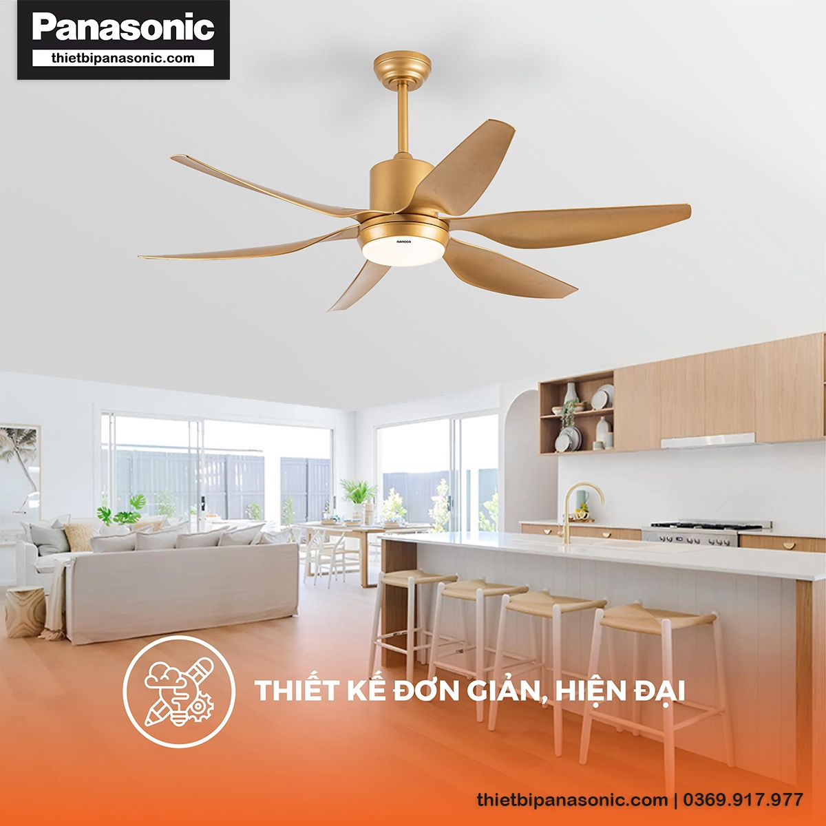 Quạt trần Nanoco NCF5462-GL có màu vàng đồng bắt mắt, vừa sang trọng và cao cấp nâng tầm không gian sống