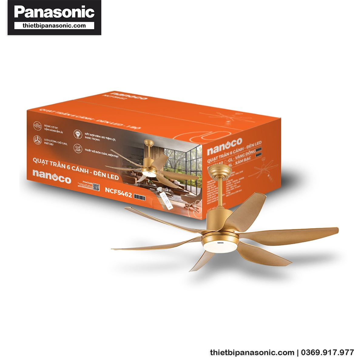 Quạt trần 6 cánh Nanoco NCF5462-GL được đóng gói cao cấp, chắc chắn với thùng giấy thể hiện đầy đủ thông tin cần thiết về sản phẩm