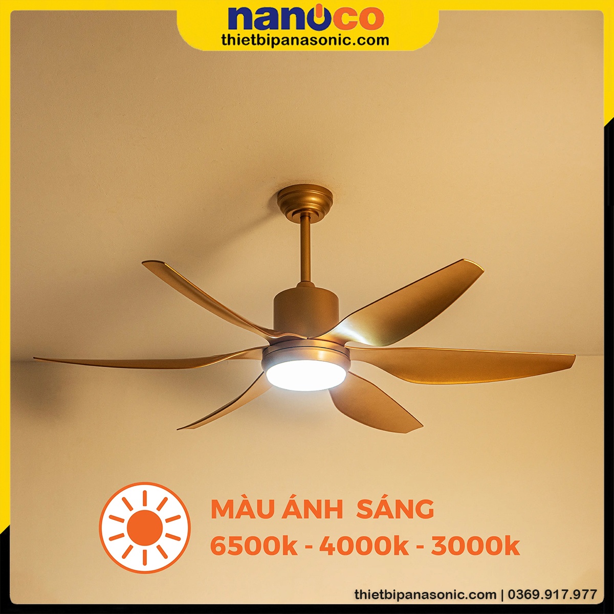 Hình ảnh thực tế của Quạt trần Nanoco NCF5462-GL và đèn LED có thể đổi 3 màu khác nhau