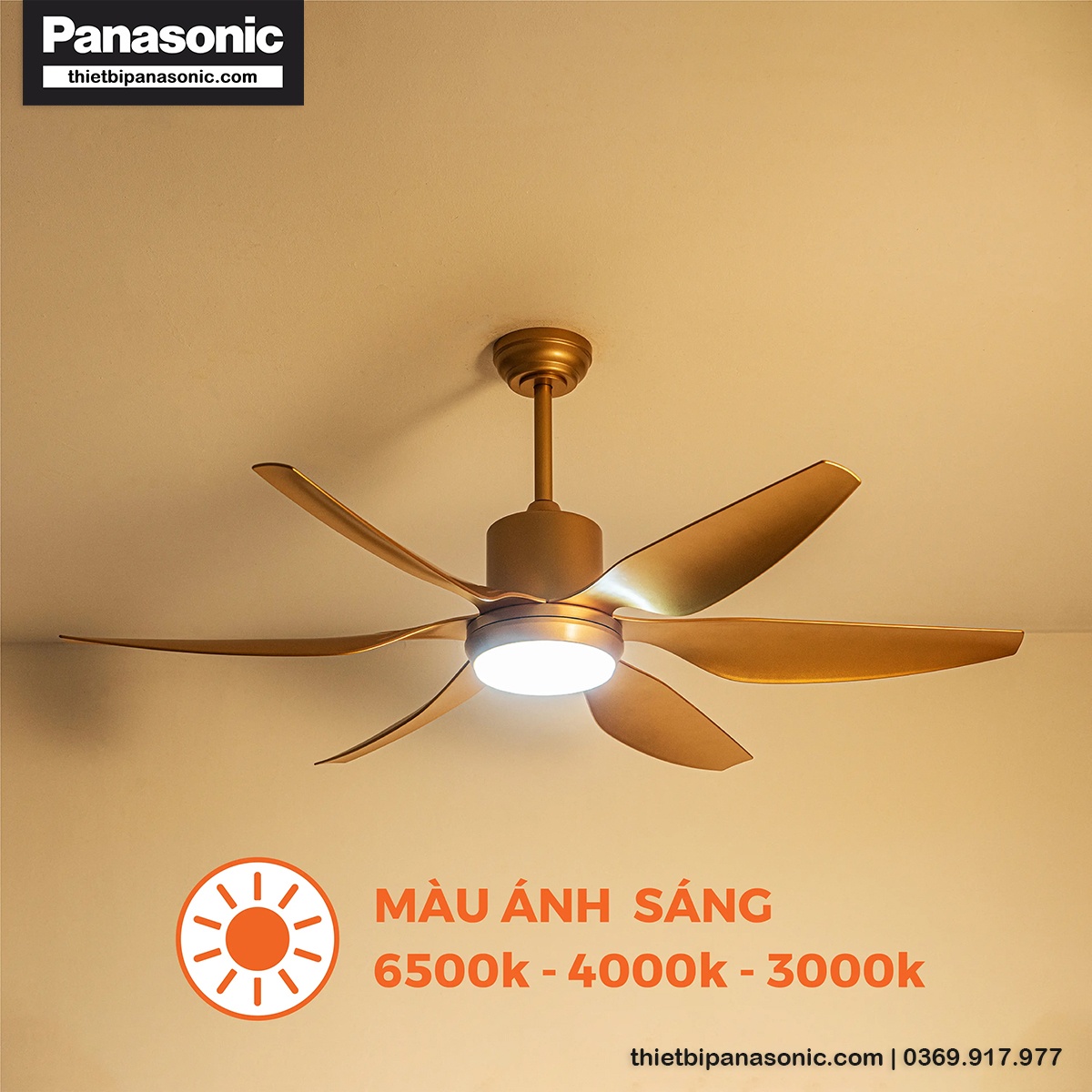 Hình ảnh thực tế của Quạt trần Nanoco NCF5462-GL và đèn LED có thể đổi 3 màu khác nhau