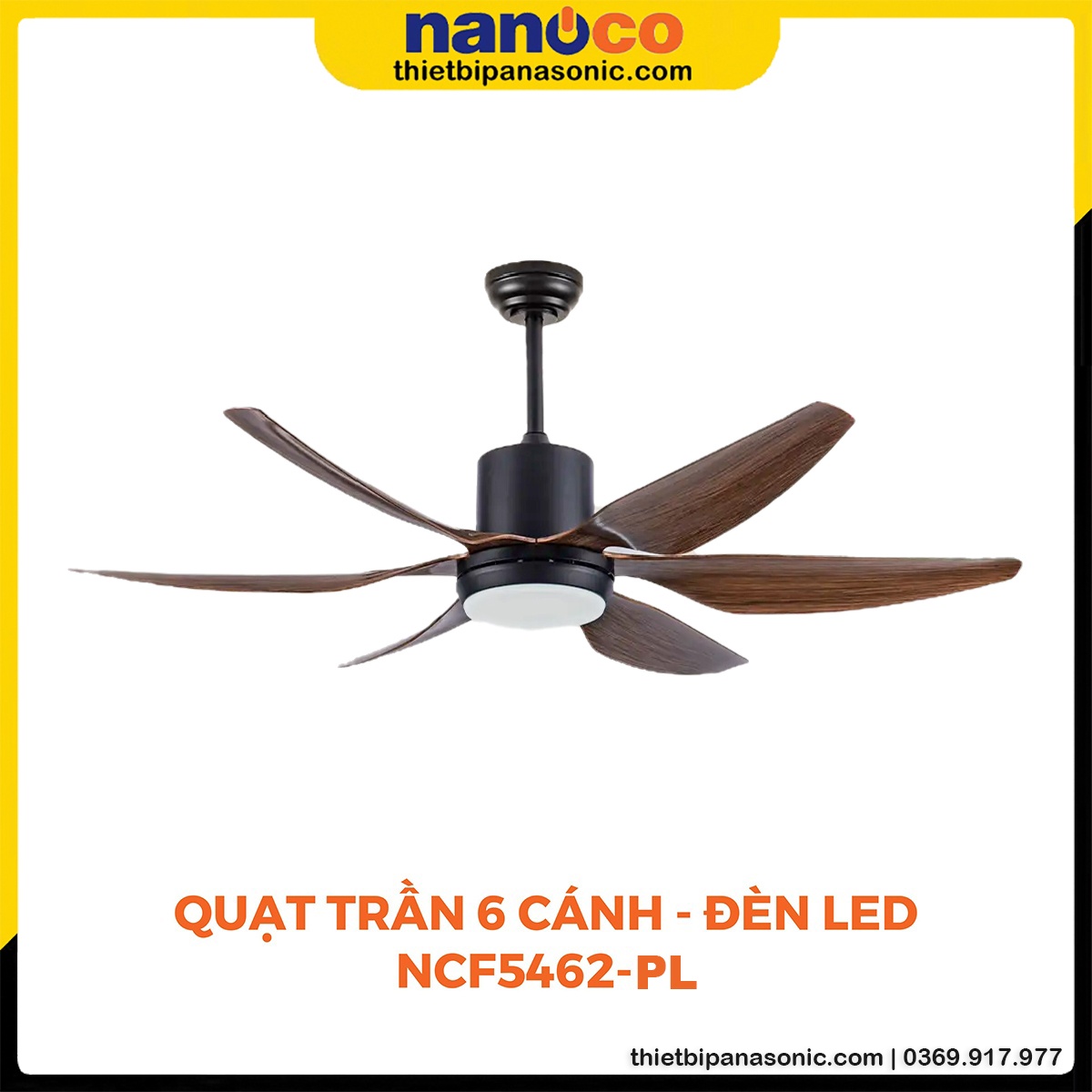 Quạt trần Nanoco NCF5462-PL 6 cánh có đèn LED màu vân gỗ