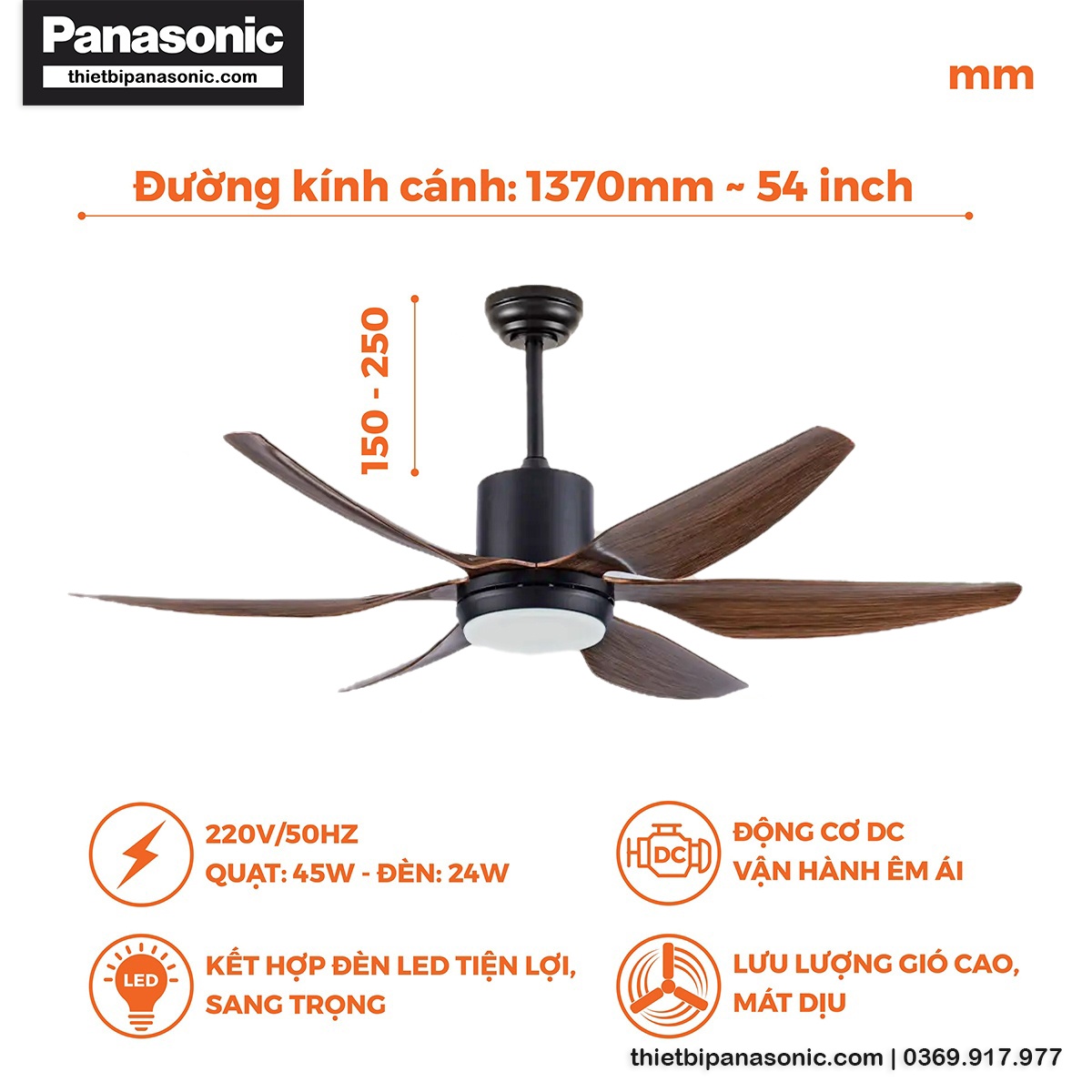 Đặc điểm nổi bật của Quạt trần vân gỗ NCF5462-PL 6 cánh có đèn LED