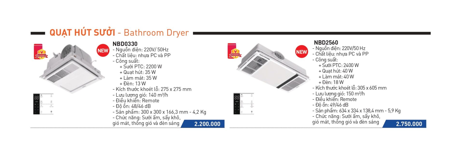 Catalogue bảng giá quạt hút sưởi Nanoco