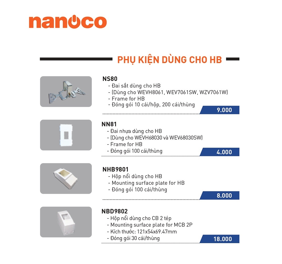 Catalogue Bảng giá phụ kiện dùng cho HB