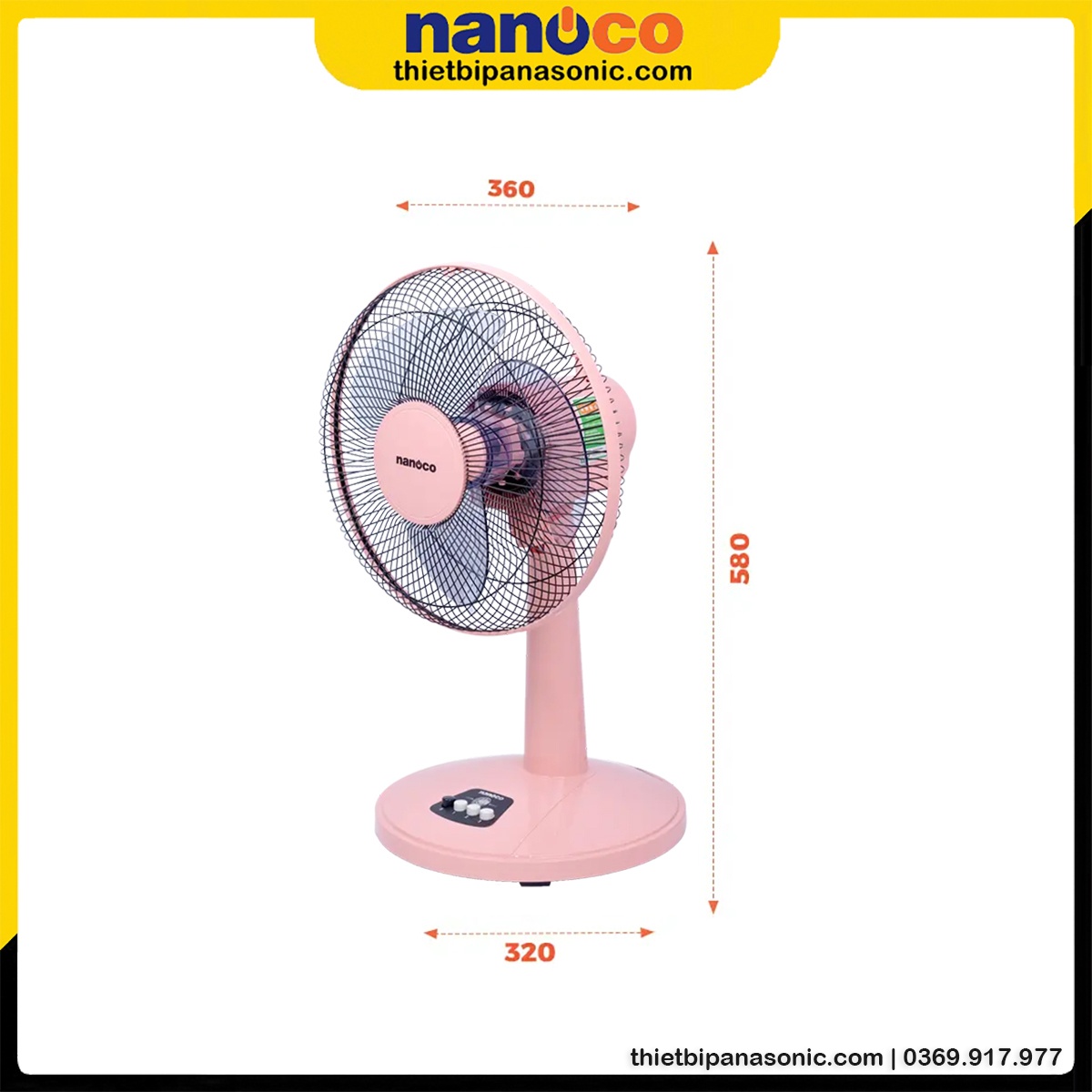 Kích thước của Quạt Nanoco NTF1209P màu hồng
