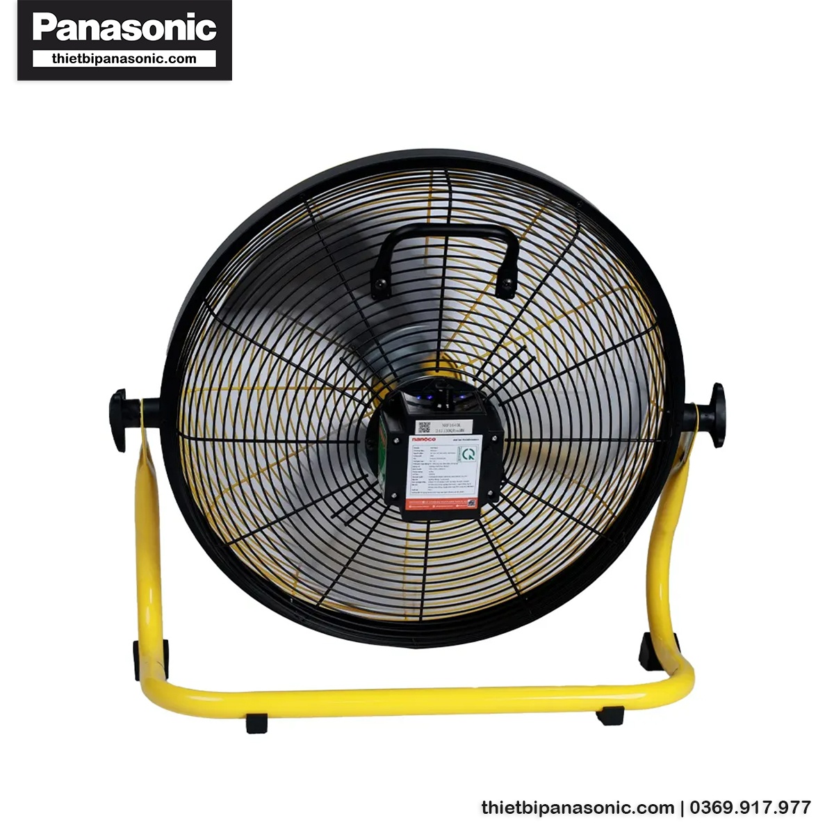 Mặt sau của quạt sàn sạc Nanoco NRF1640L cánh nhôm 16 inch cùng tem đạt chuẩn chất lượng