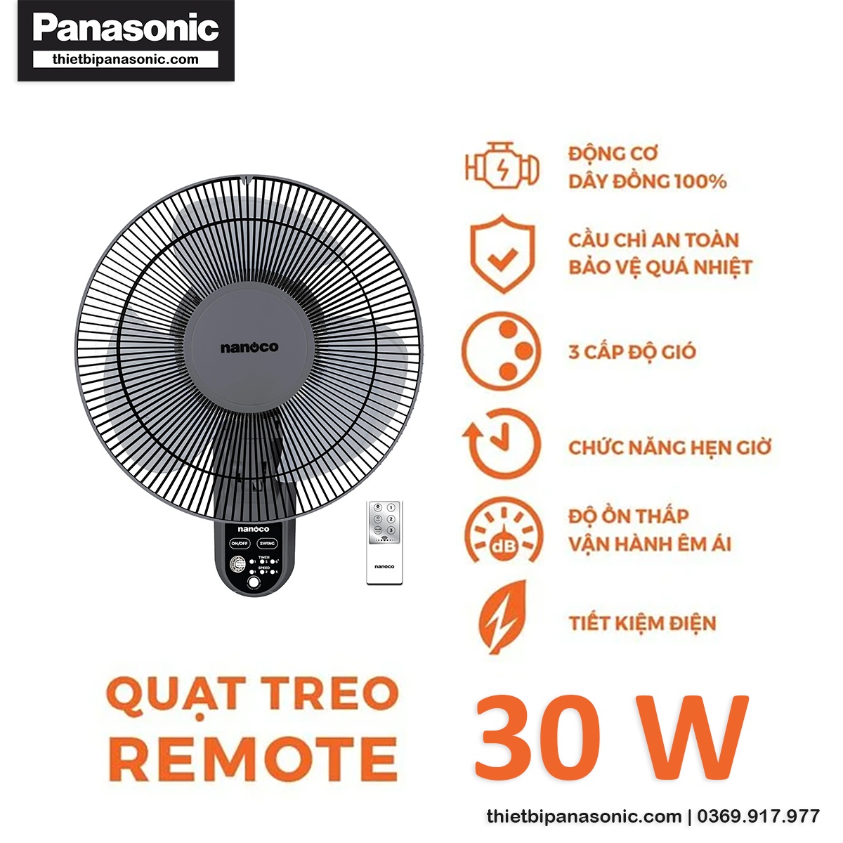 Ưu điểm nổi bật của Quạt treo tường Nanoco NWF1219RC-GR