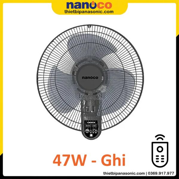 Quạt treo tường Nanoco NWF1615RC-GR màu ghi bạc đạn có remote 47W