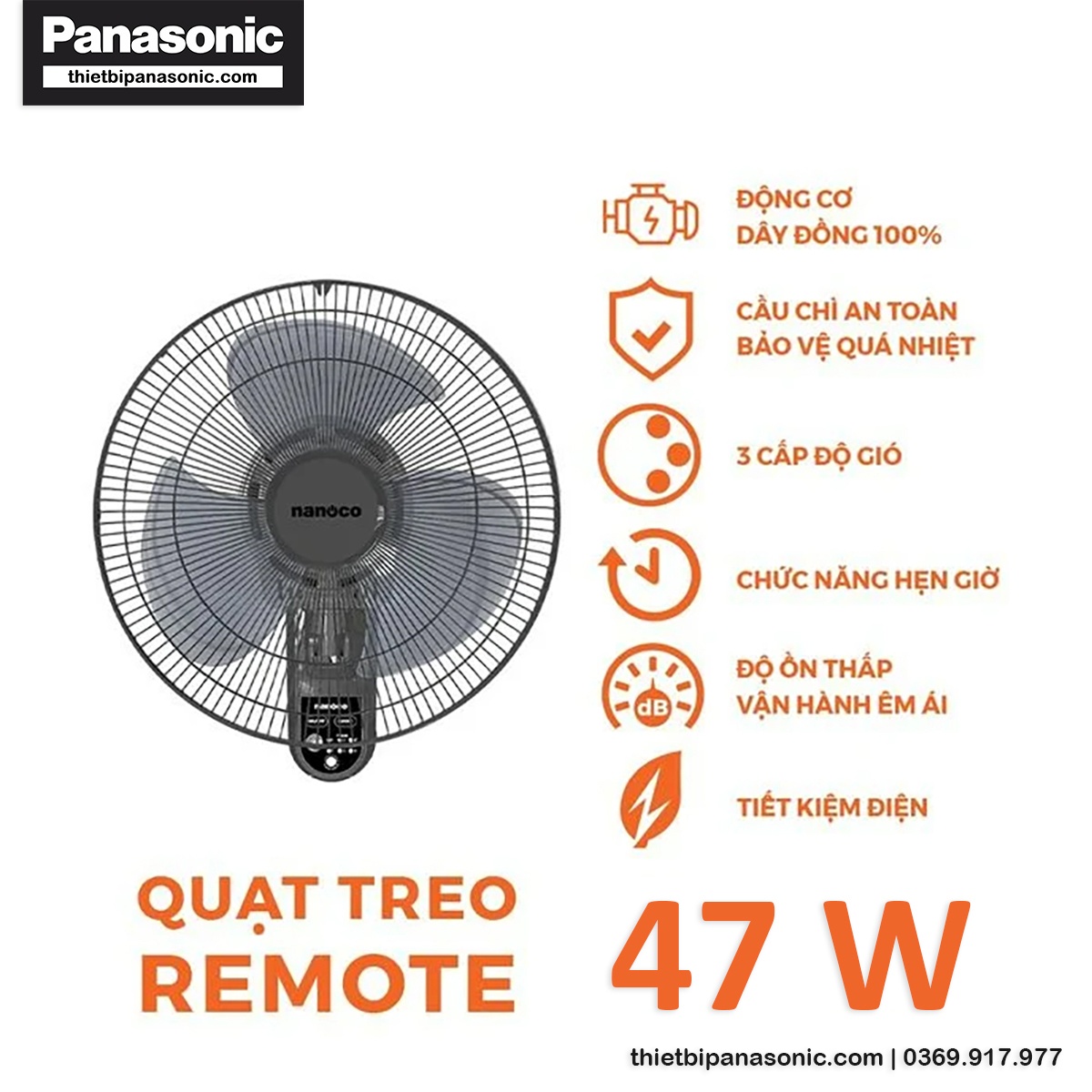 Ưu điểm nổi bật của Quạt treo tường Nanoco NWF1615RC-GR 47W có remote
