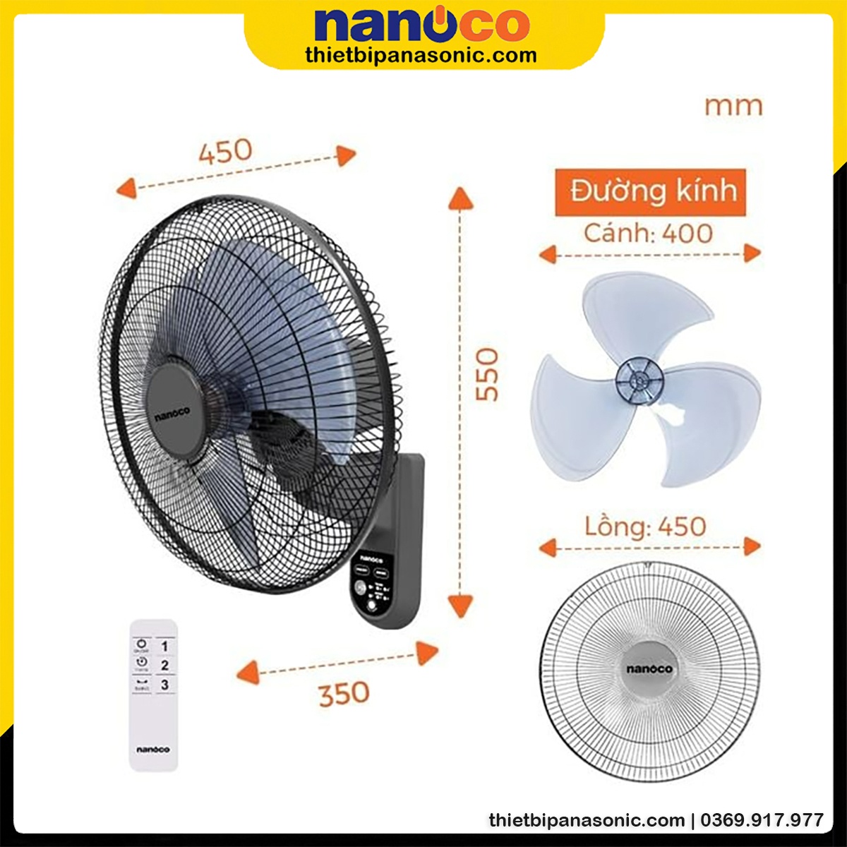 Kích thước chi tiết của Quạt treo tường NWF1615RC-GR