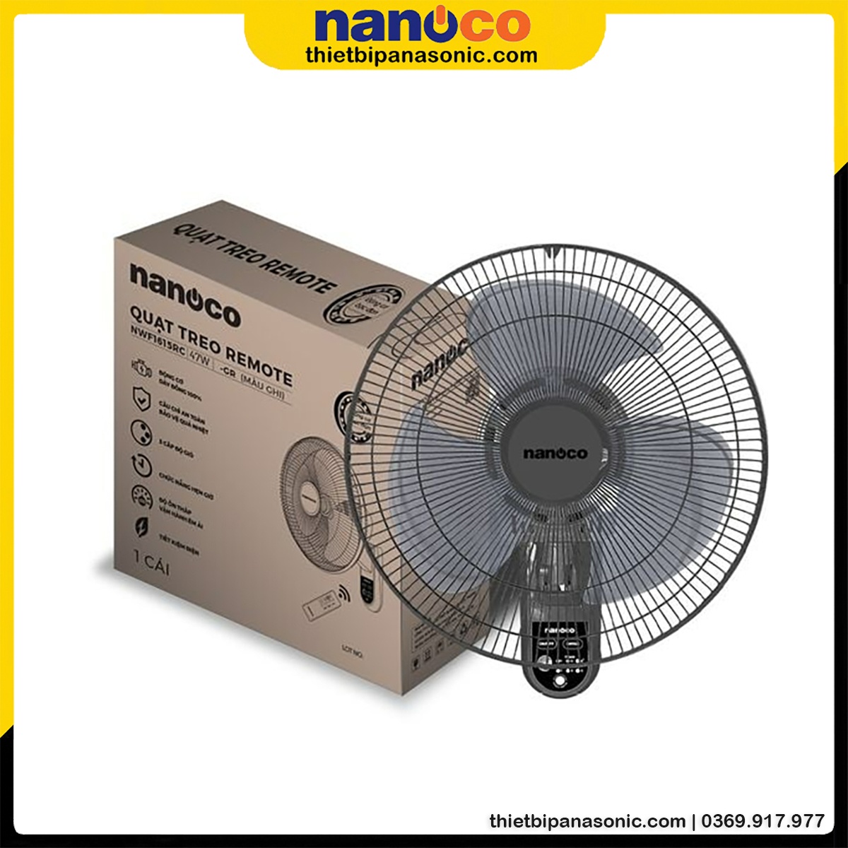 Quạt Nanoco NWF1615RC-GR được đóng gói trong thùng giấy chắc chắn