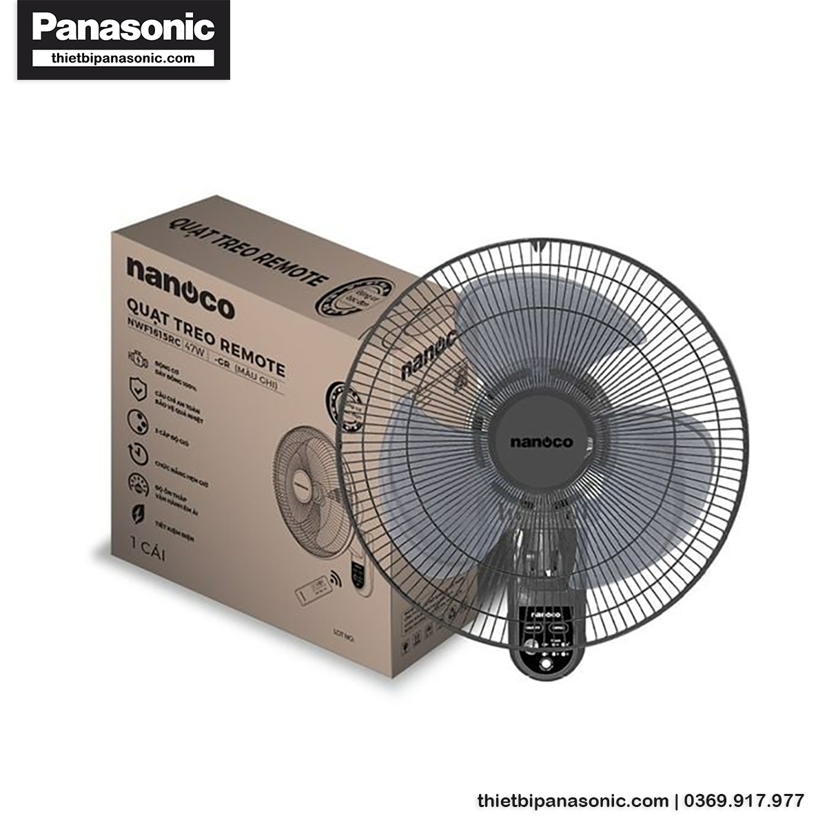 Quạt Nanoco NWF1615RC-GR được đóng gói trong thùng giấy chắc chắn