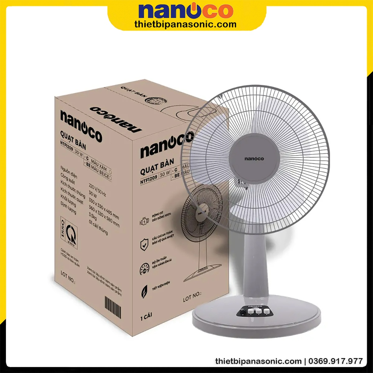 Quạt để bàn Nanoco NTF1209G được đóng gói trong thùng giấy vô cùng chắc chắn