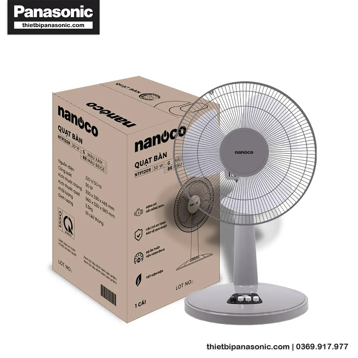 Quạt để bàn Nanoco NTF1209G được đóng gói trong thùng giấy vô cùng chắc chắn