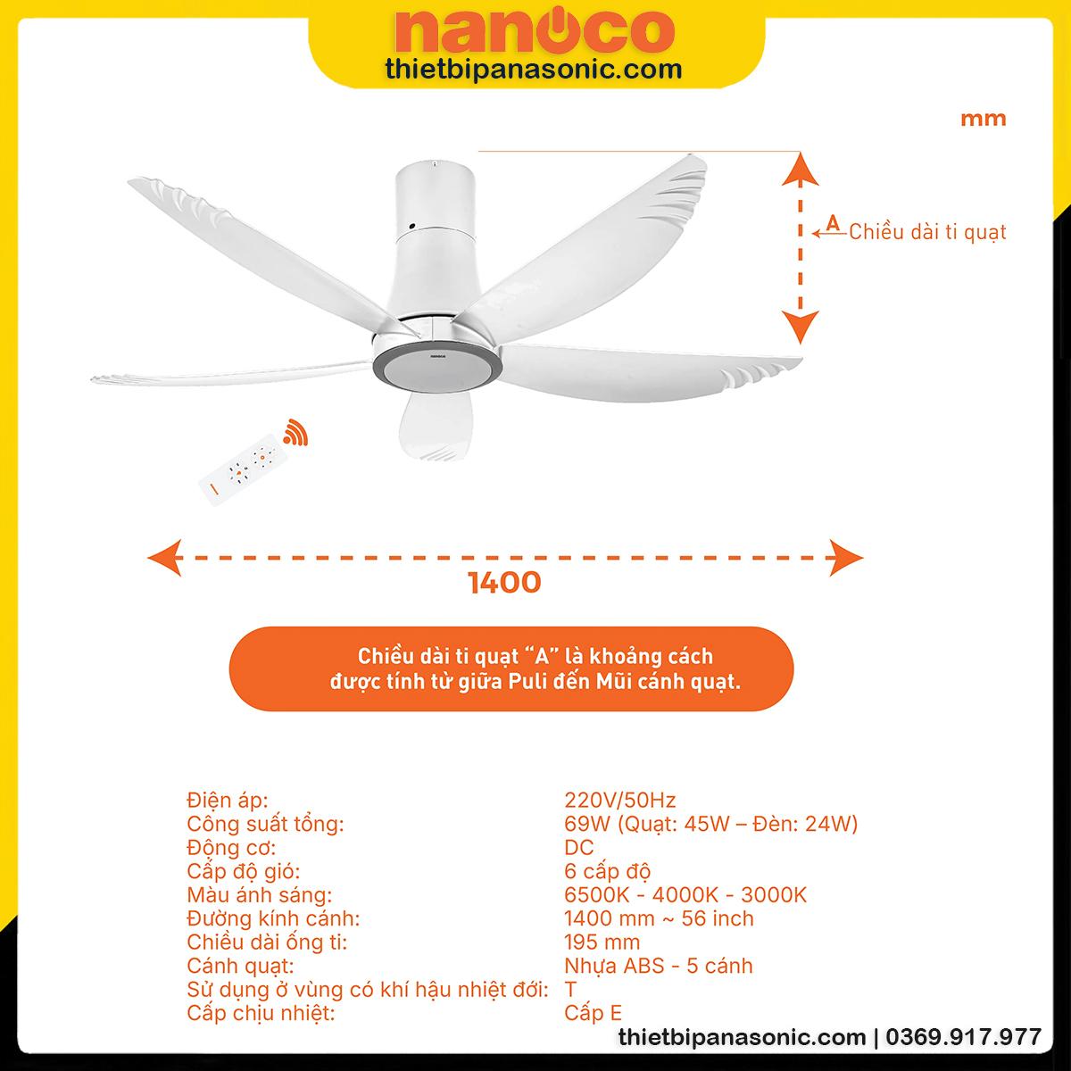 Thông số nổi bật của Quạt trần đèn LED 5 cánh Nanoco NCF5653-WL