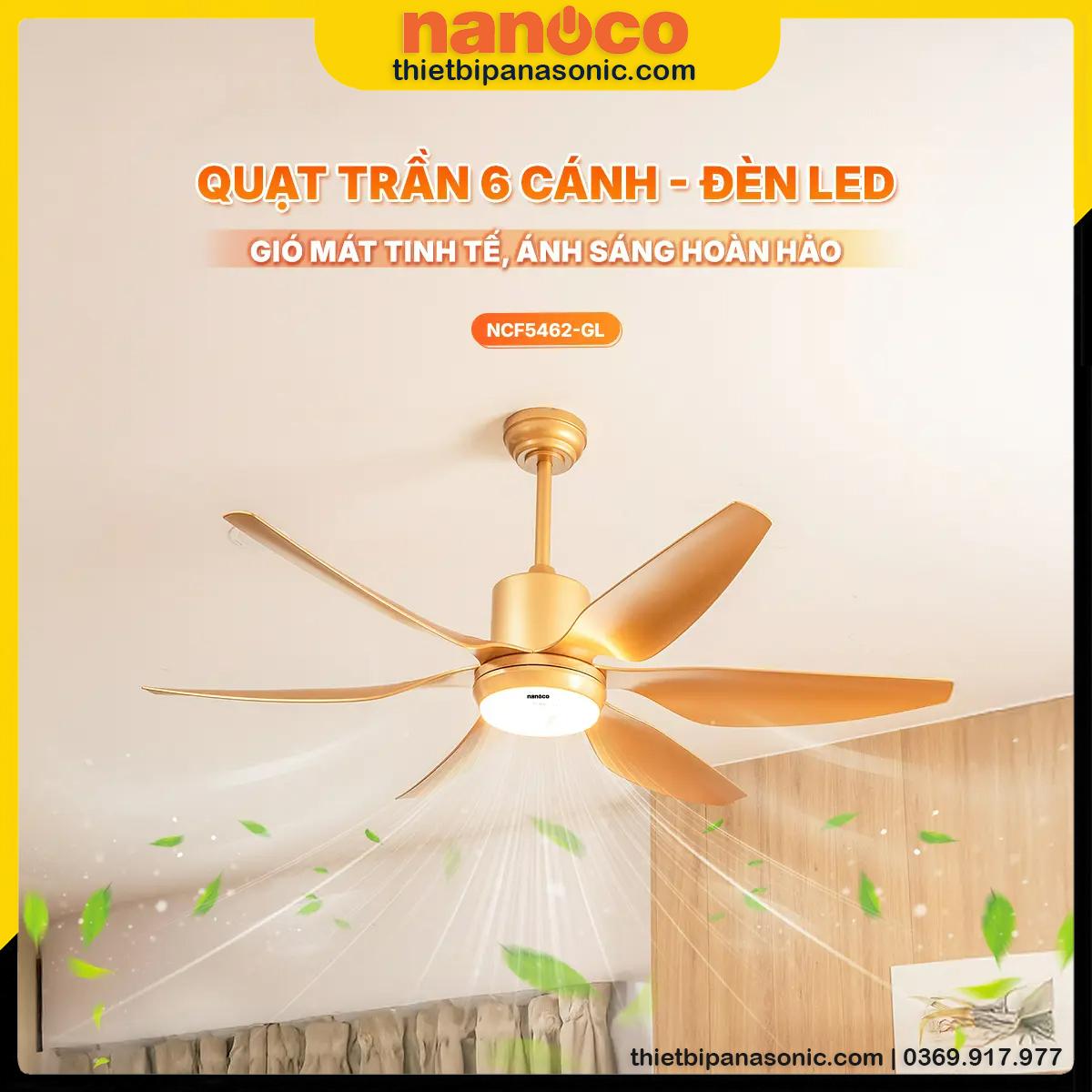 Quạt trần 6 cánh Nanoco NCF5462-GL màu vàng đồng, có đèn LED