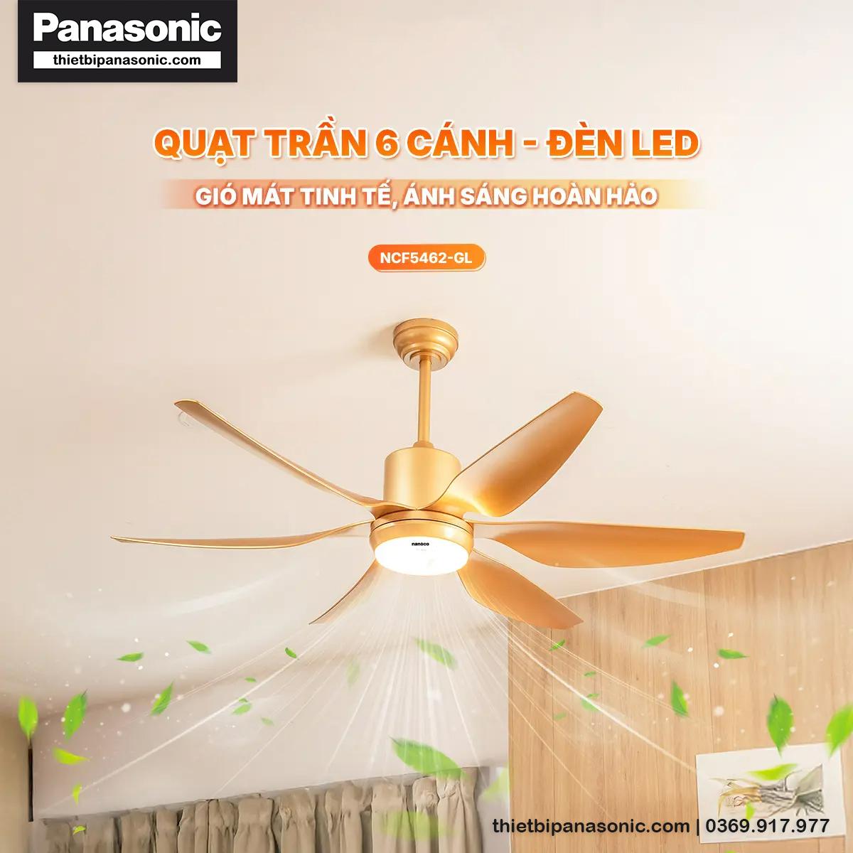 Quạt trần 6 cánh Nanoco NCF5462-GL màu vàng đồng, có đèn LED