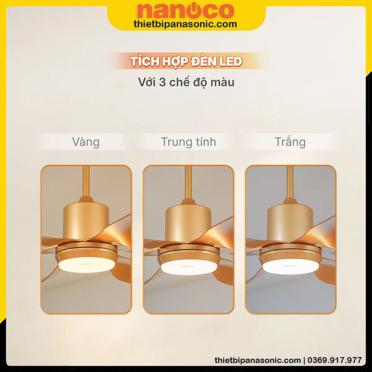 Quạt trần 6 cánh Nanoco NCF5462-GL có đèn LED với 3 chế độ màu