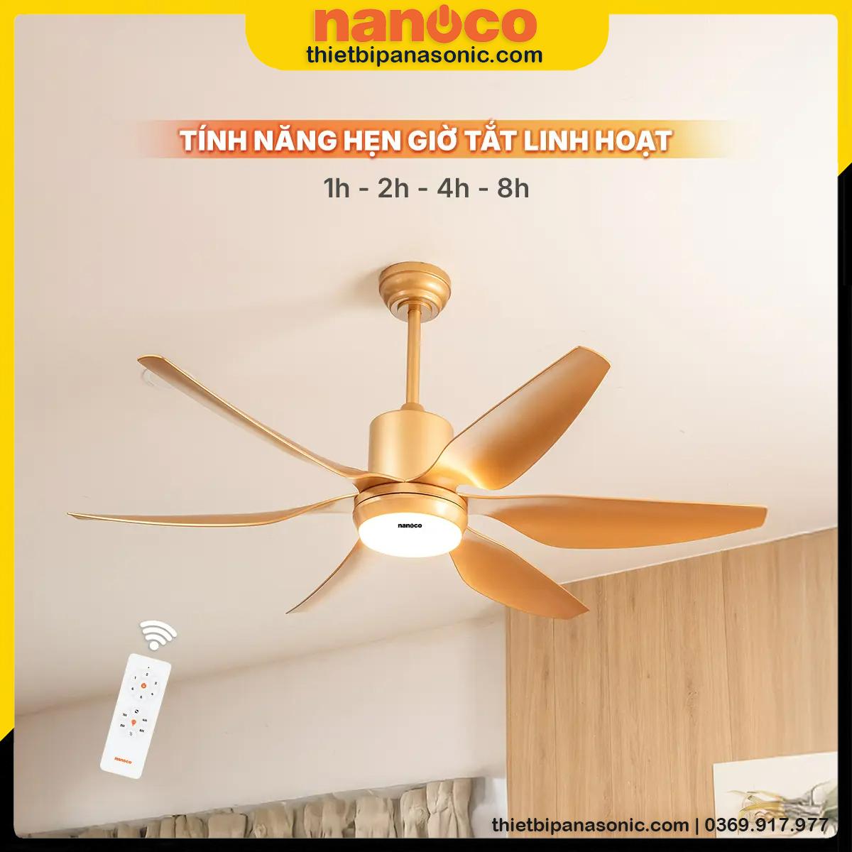 Quạt trần Nanoco NCF5462-GL 6 cánh với tính năng hẹn giờ tắt linh hoạt