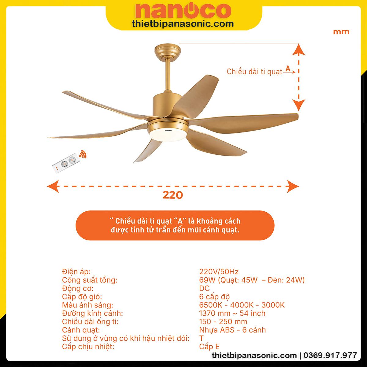 Thông số kỹ thuật cơ bản của Quạt trần 6 cánh đèn LED NCF5462-GL màu vàng đồng