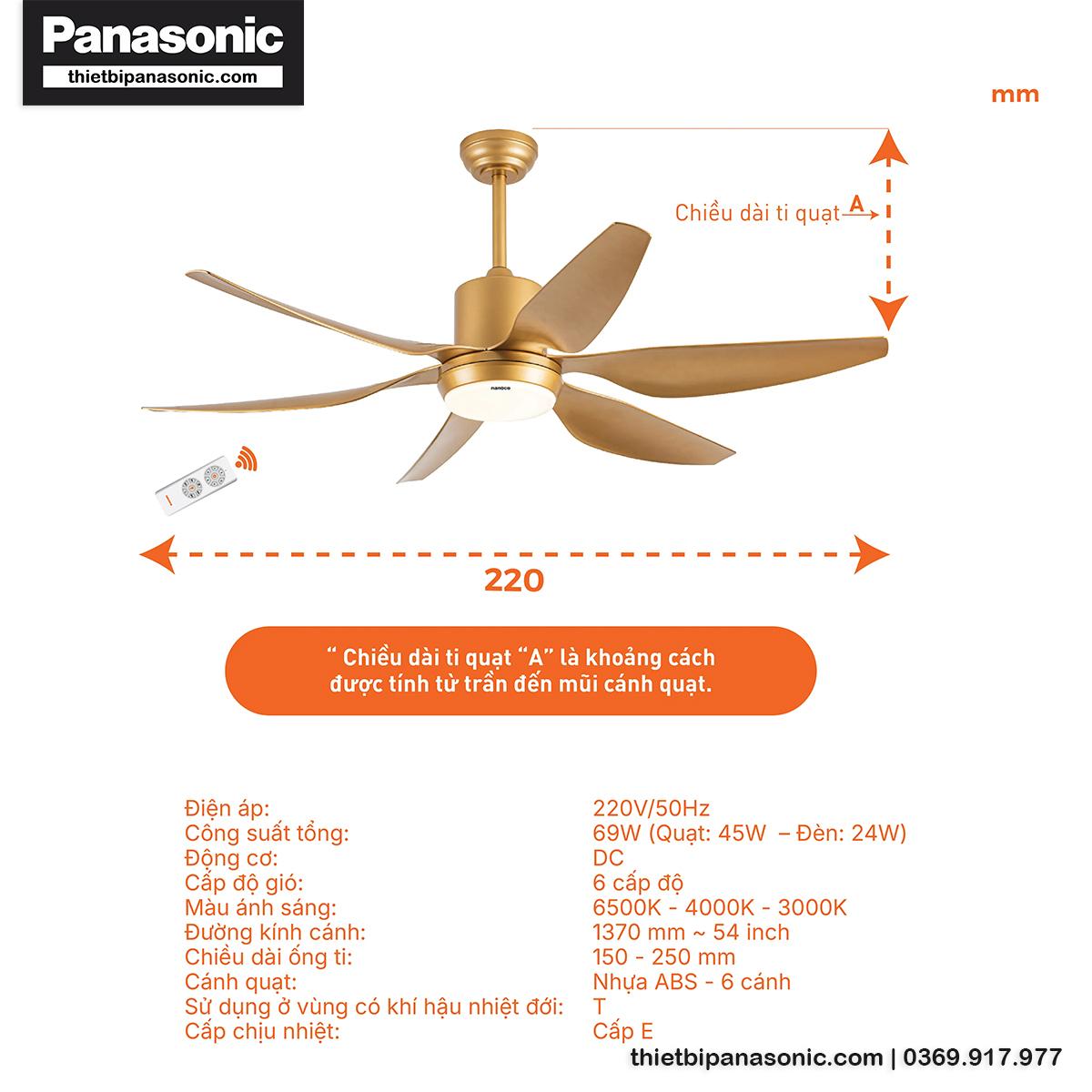 Thông số kỹ thuật cơ bản của Quạt trần 6 cánh đèn LED NCF5462-GL màu vàng đồng