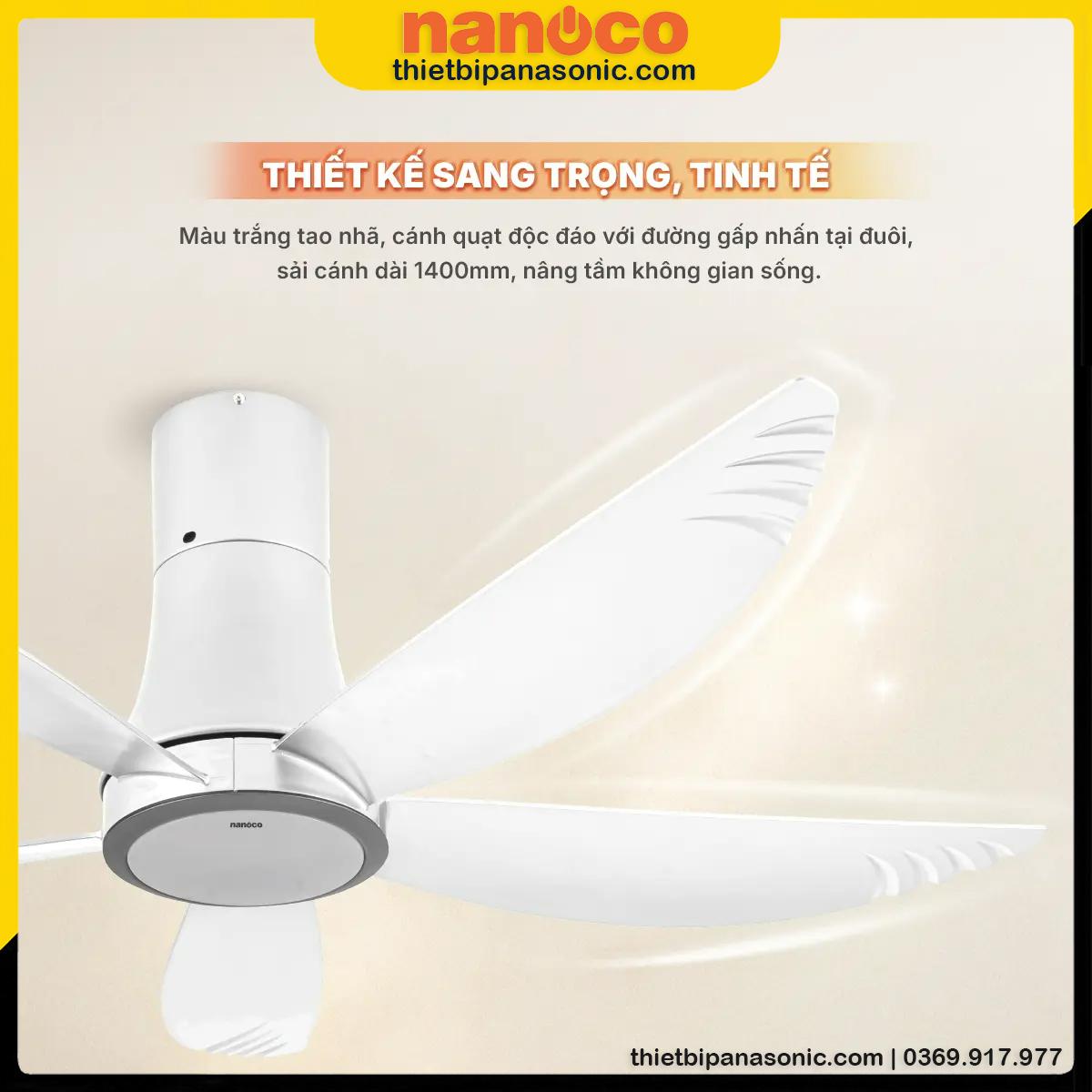Quạt trần Nanoco NCF5653-WL 5 cánh có đèn LED, thiết kế sang trọng trang nhã