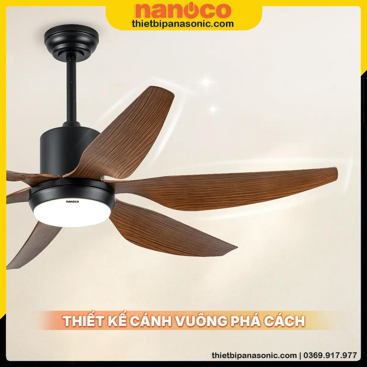 Quạt trần 6 cánh Nanoco NCF5462-PL với thiết kế cánh vuông màu vân gỗ siêu sang trọng