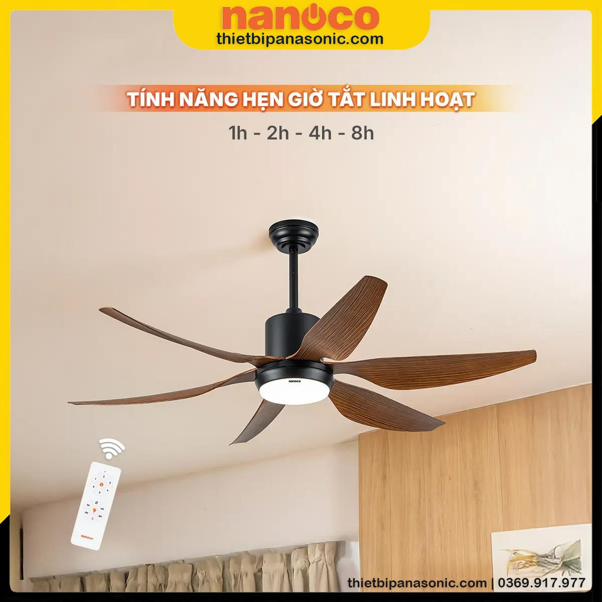 Quạt trần Nanoco NCF5462-PL 6 cánh màu vân gỗ với tính năng hẹn giờ tắt linh hoạt trong quá trình sử dụng