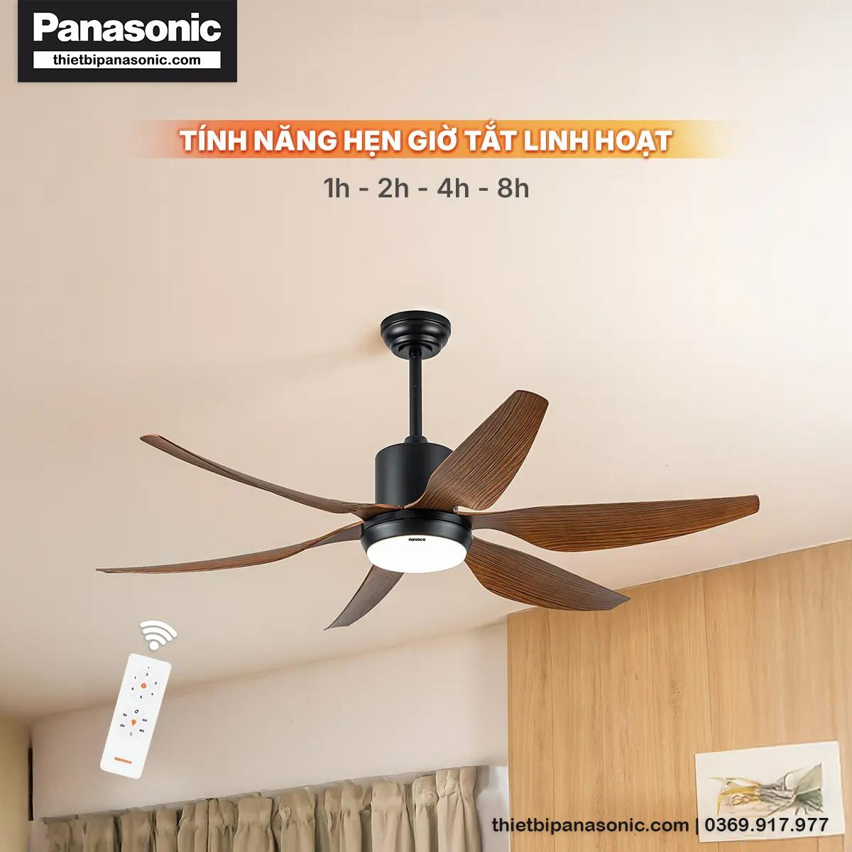 Quạt trần Nanoco NCF5462-PL 6 cánh màu vân gỗ với tính năng hẹn giờ tắt linh hoạt trong quá trình sử dụng