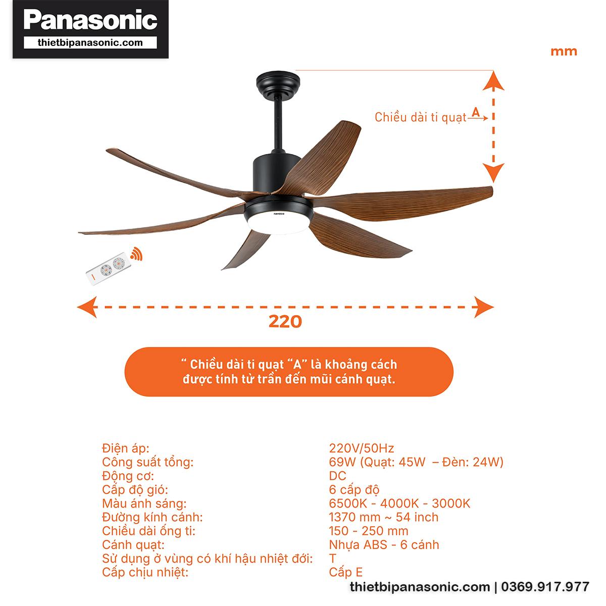 Kích thước và thông số của Quạt trần Nanoco NCF5462-PL