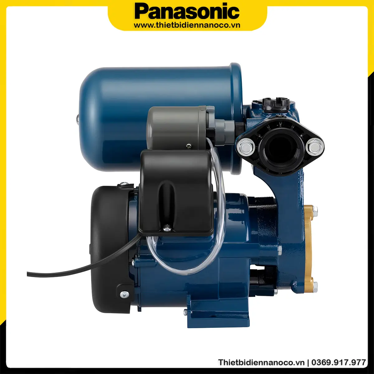 Vỏ và cánh quạt của Máy bơm Panasonic 200W A-201JAK được làm bằng đồng thau, thân động cơ làm bằng nhôm không gỉ